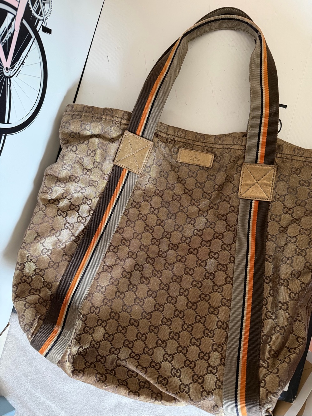 GUCCI Vintage Crystal Coated Canvas GG Logo Web Tote Bag - Picture 4 of 16
